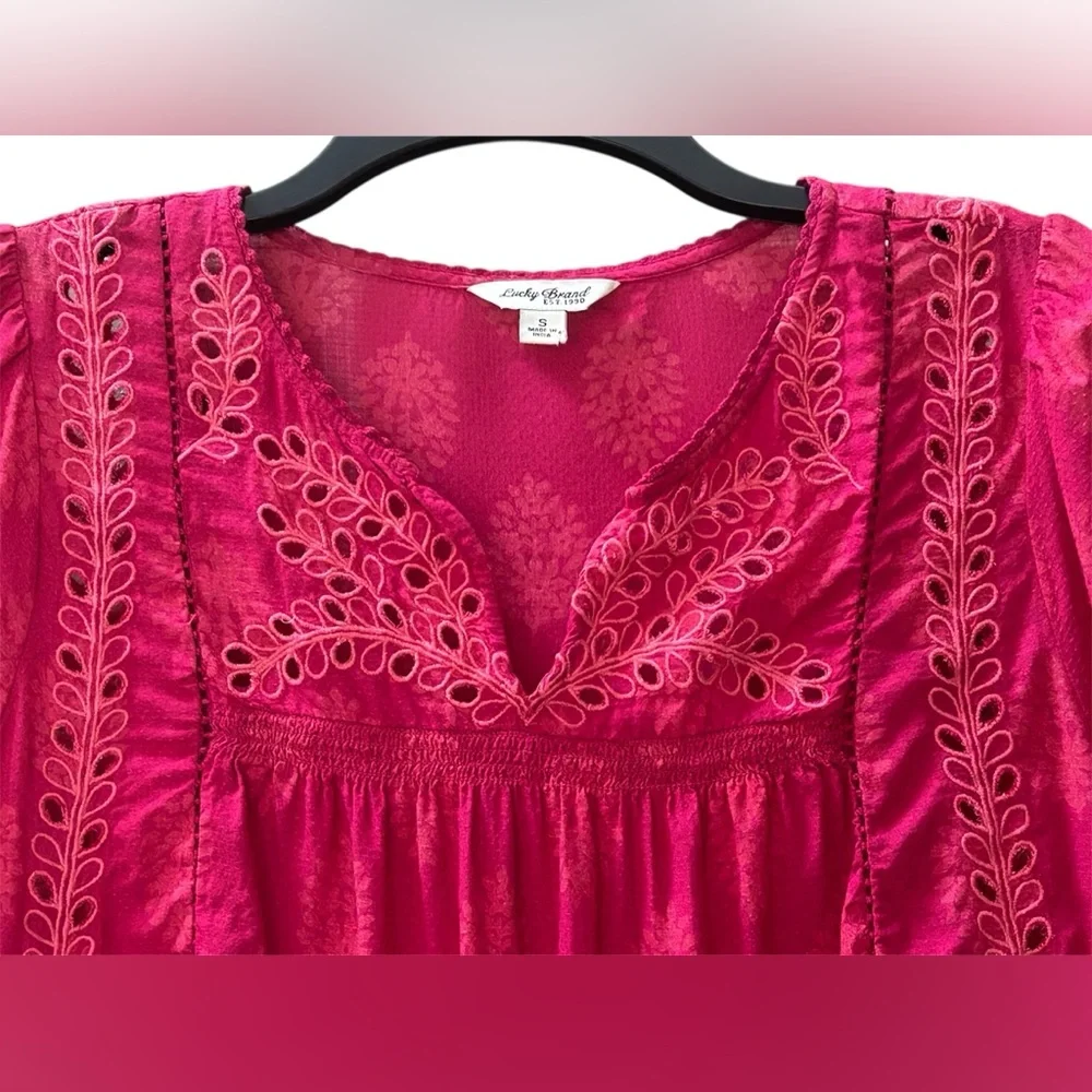 Lucky Brand Pink Red Eyelet Embroidered
Boho Indian Style Blouse Size S - Picture 3 of 11